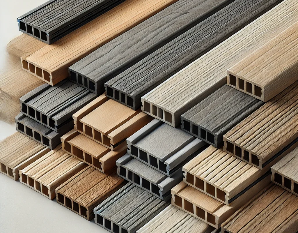 DALL·E 2025-02-28 02.28.15 - A realistic, high-quality product image showcasing WPC decking profiles in various colors. The profiles are neatly arranged to display different shade